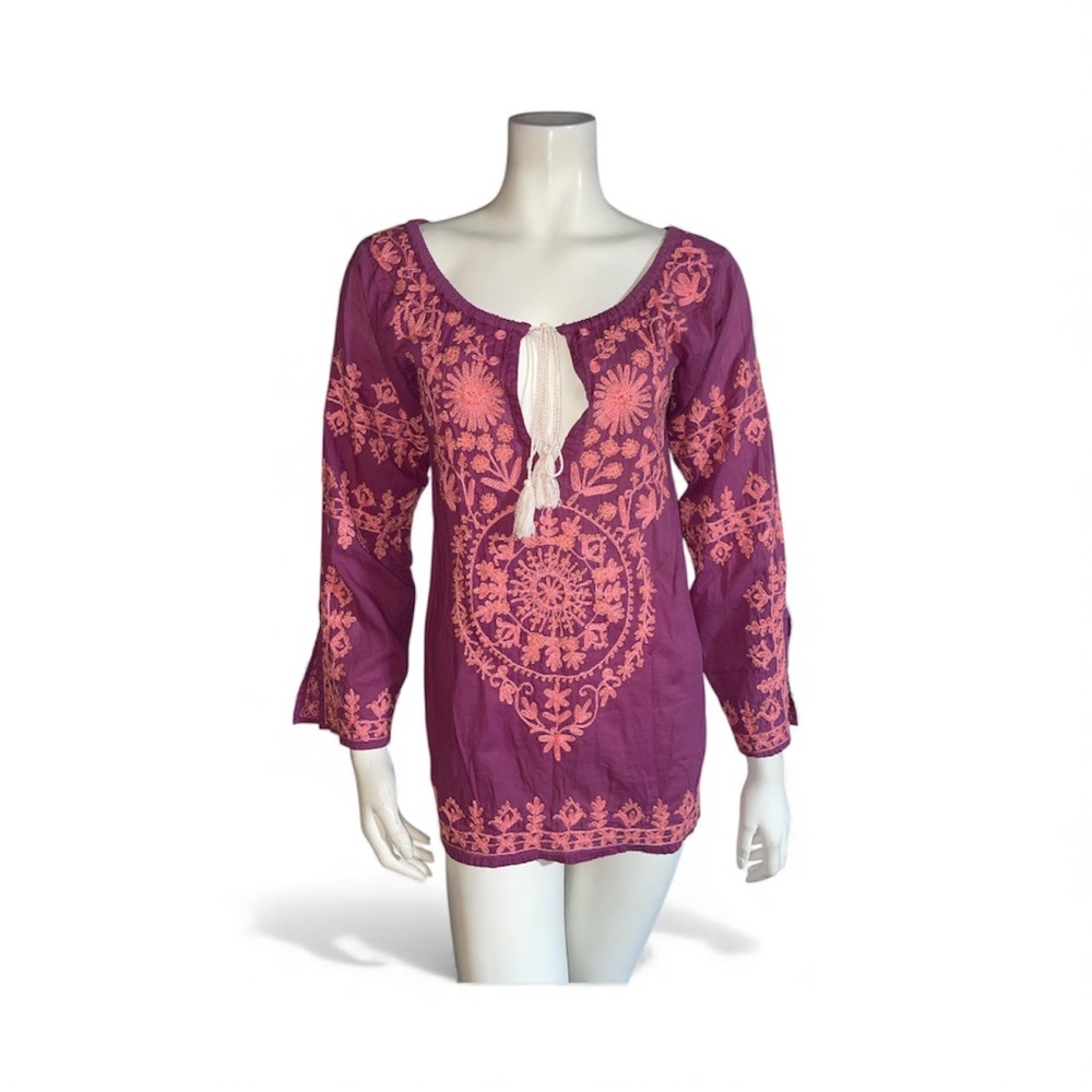 Melissa Odabash Embroidered Kaftan Long Sleeve Tunic Purple Eggplant Size S